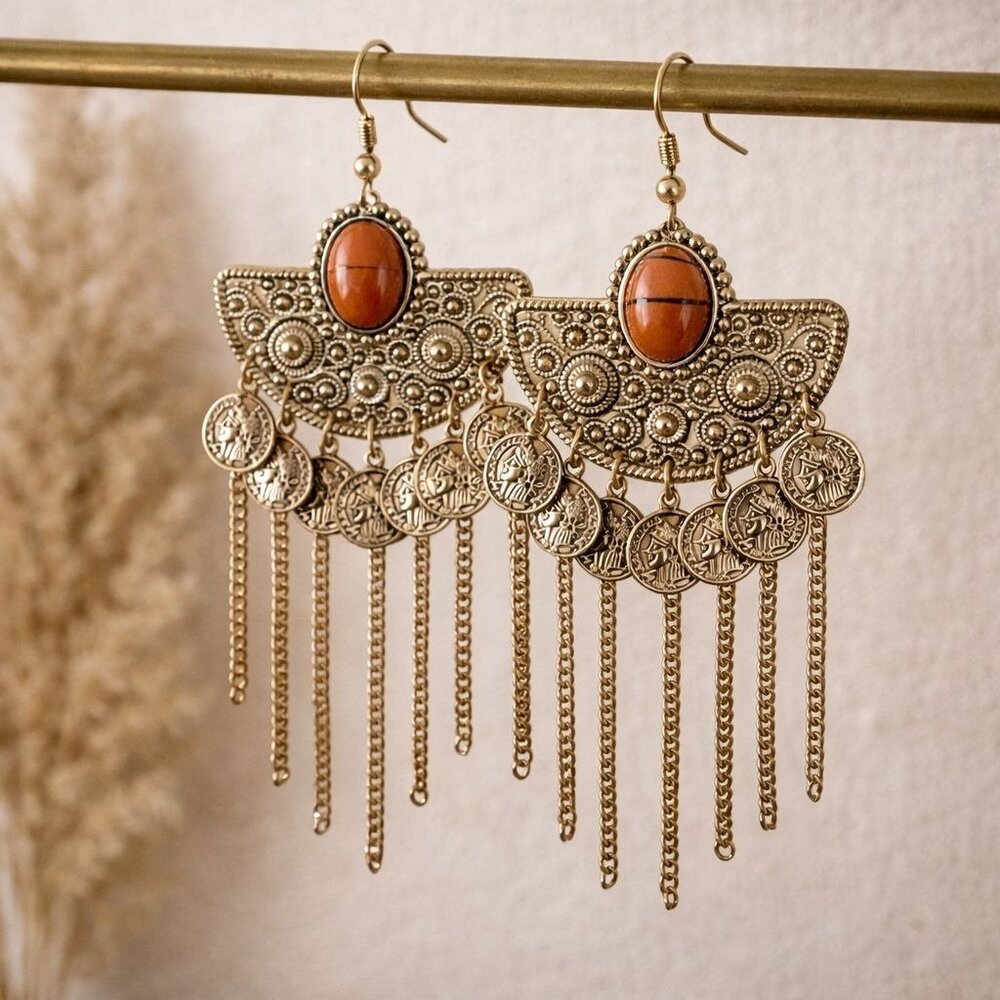 Bohemian Antique-Style Silver Toned Dangle Earrings With Orange Stone & Coin Emb